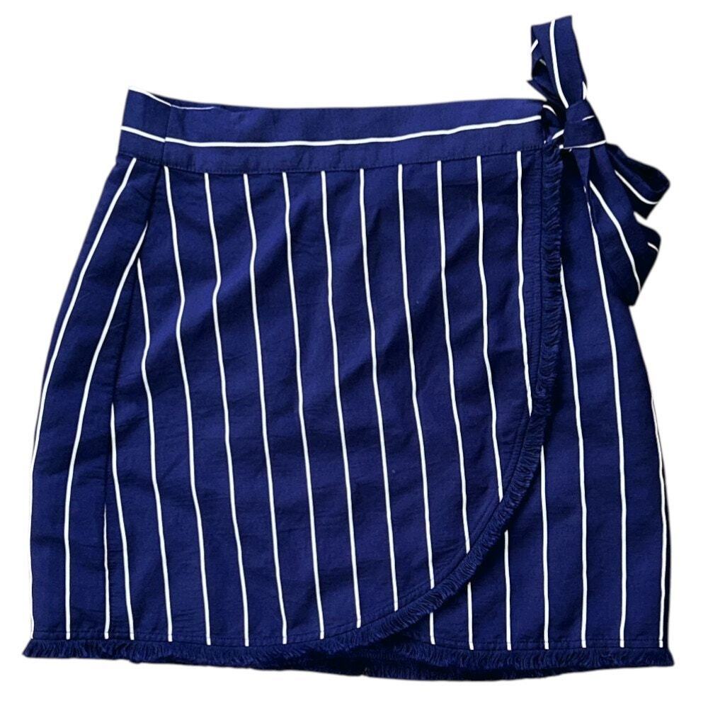 NWOT Dee Elly Full Wrap Navy Blue & White Striped Fringe Hem Mini Skirt Small